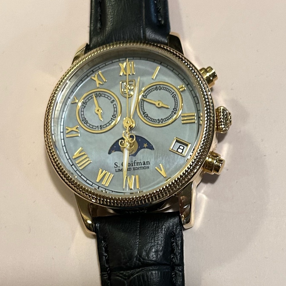 S Coifman MoonPhase Watch With 32mm SkyBlue Perl Face & Black Leather Ba…